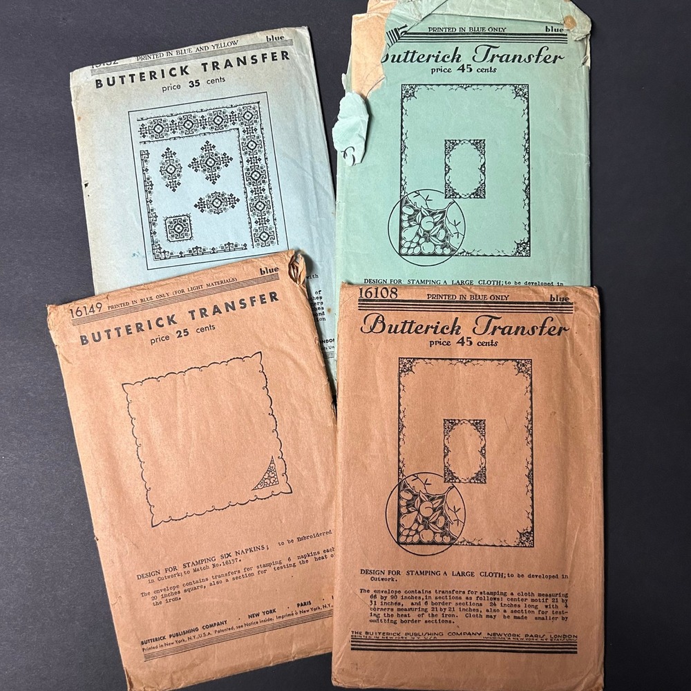 Antique Butterick Embroidery Transfer Patterns Blue Tan Floral Fruit Good‎